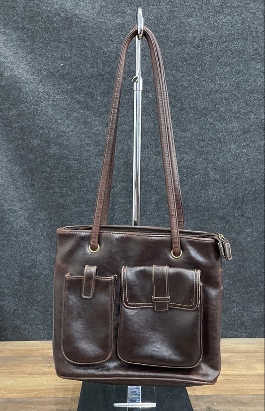 Unbranded Dark Brown Leather Shoulder Bag Multi-Pocket Tote Vintage 90s Style