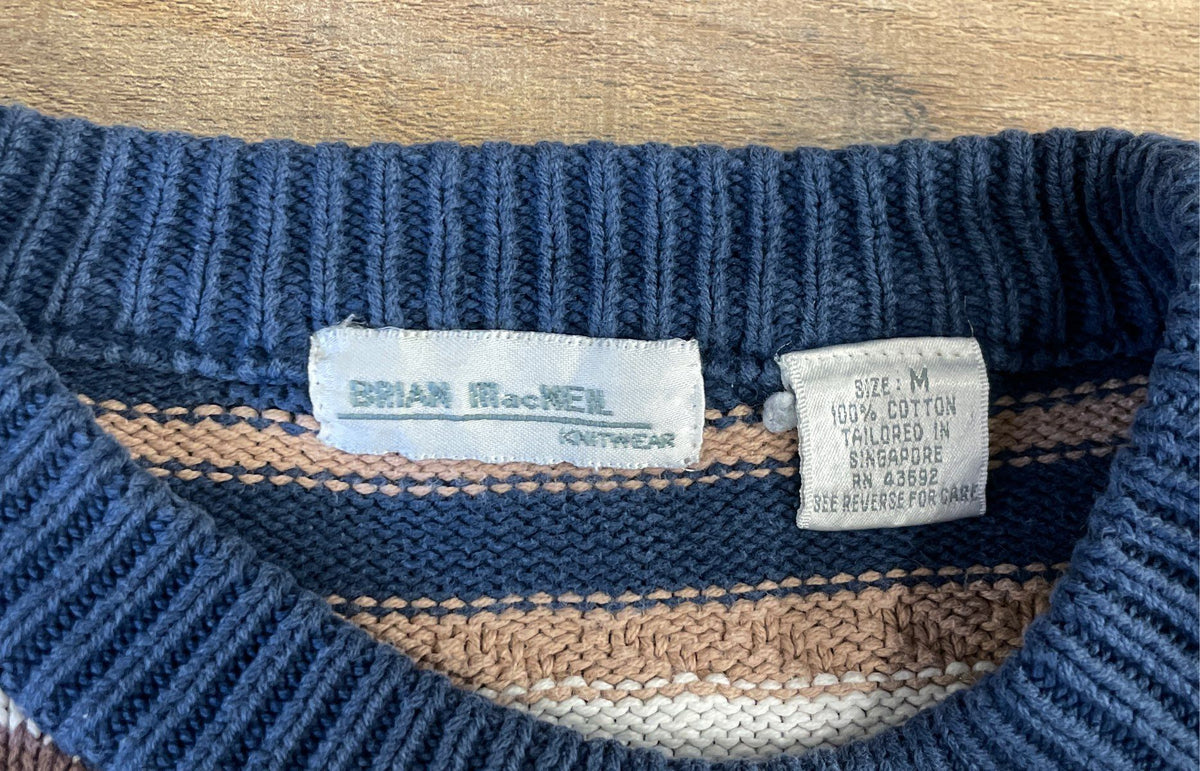 Vintage 90s Brian MacNeil Men's Blue Striped Cotton Crewneck Sweater Size M