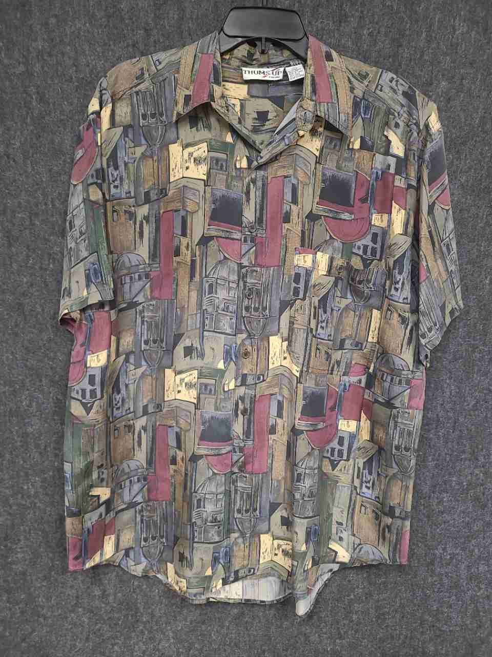 Thums Up Men's Vintage 90s Silk Short Sleeve Abstract Cityscape Print Shirt Sz L
