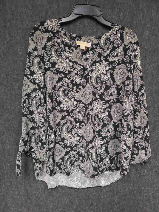 Michael Kors Women's Paisley Tie-Cuff V-Neck Blouse Black Green Sz XL