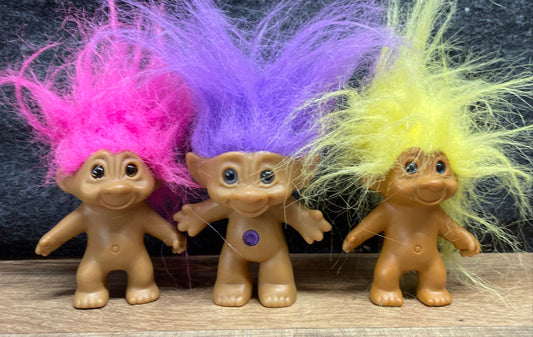 Vintage Good Luck Troll Dolls Lot of 6 Figures 1990s Jewel Belly Bright Hair