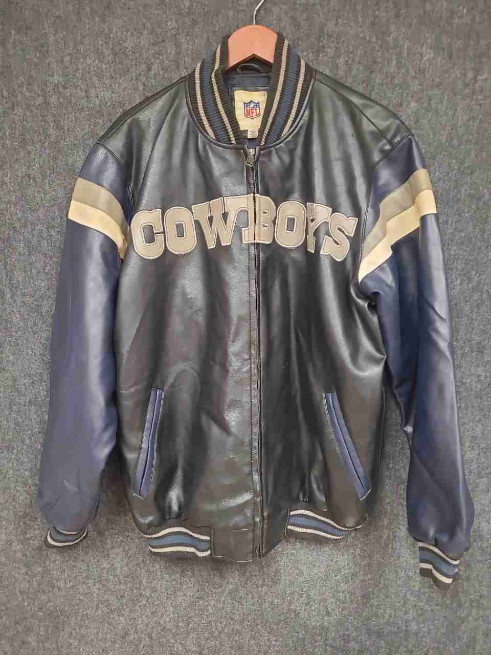 G-III NFL Men's Dallas Cowboys Faux Leather Varsity Jacket Navy Blue Sz M