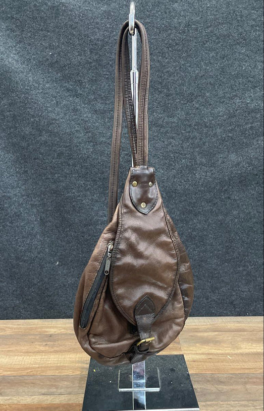 Vintage 90s Tanner West Brown Leather Teardrop Sling Crossbody Sash Bag