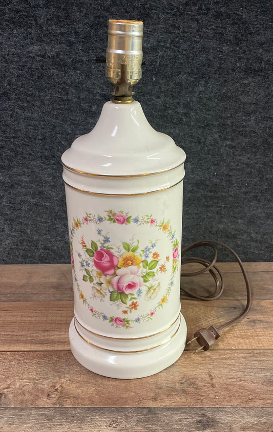 Vintage Porcelain Table Lamp Base Floral Rose Bouquet Gold Trim 15" Cottagecore