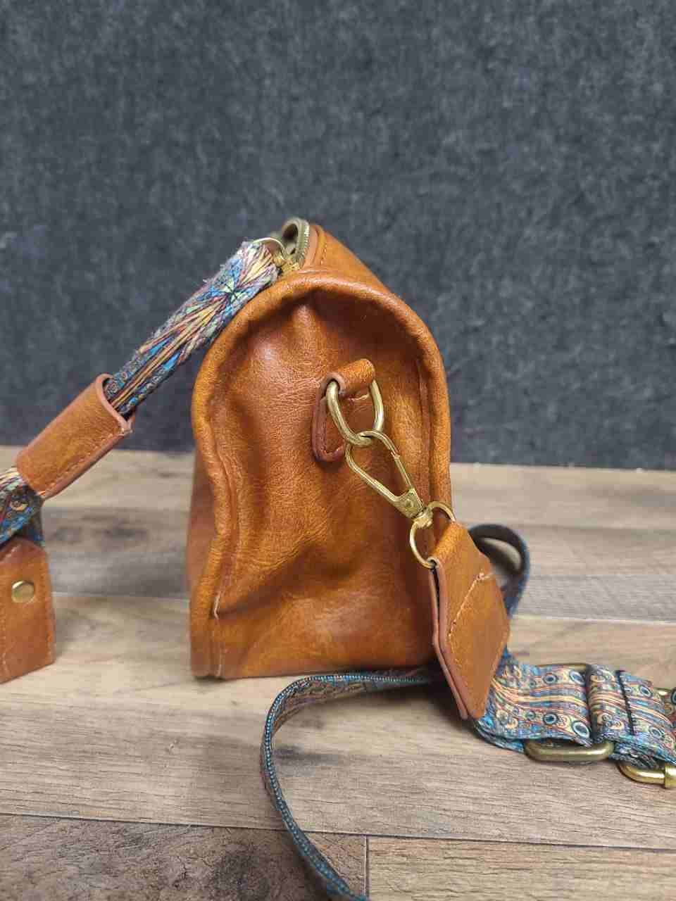Tan Faux Leather Crossbody Bag with Colorful Patterned Guitar Strap Gold Tone