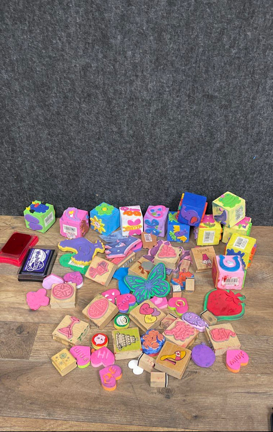 Large Lot Craft Stamps Wood Mount Rubber Foam Kids Scrapbooking Animals Hearts