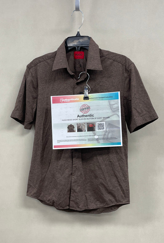 Hugo Boss Men's Emino Knit Short Sleeve Button Up Shirt Brown Slim Fit COA Sz S