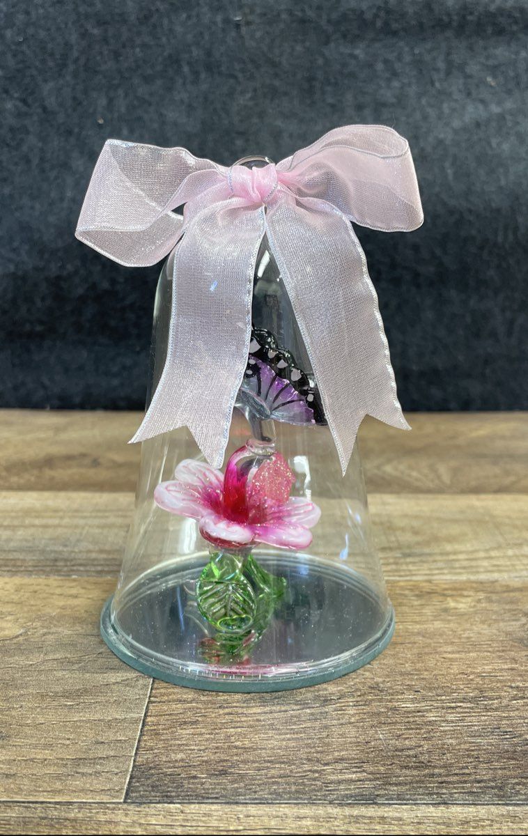 Glass Dome with a Glass Butterfly on a Glass Leaf Figurine