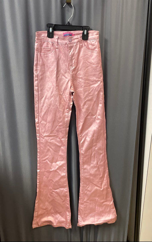 Edikted Women's Pink Shiny Metallic High Rise Flare Pants Sz S