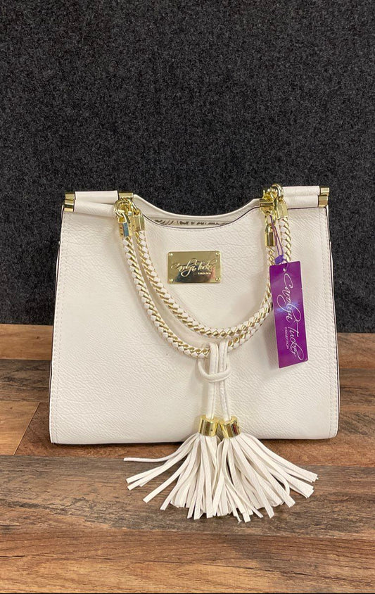 Carolyn Tucker White Pebbled Satchel Shoulder Bag Braided Handle Tassels NWT