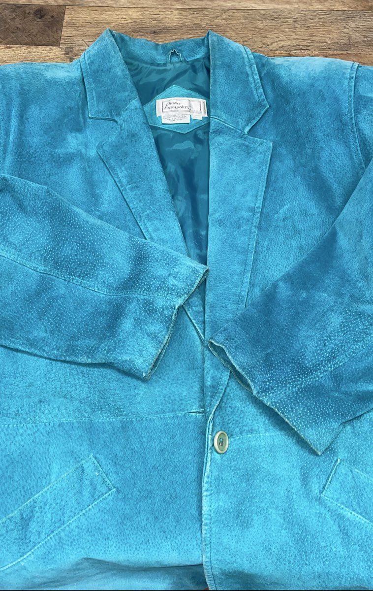 Vintage 80s Chance Encounters Women's Teal Suede Leather Blazer Jacket Sz L