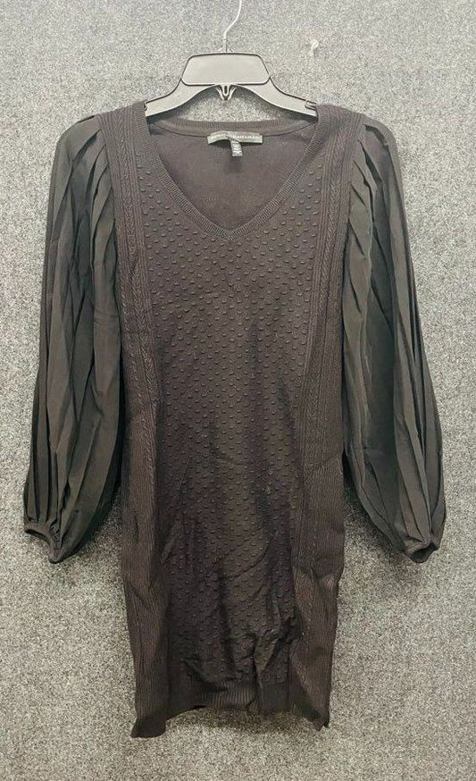 White House Black Market Womens Sweater Dress Black V-Neck Pleated Sleeve XXS