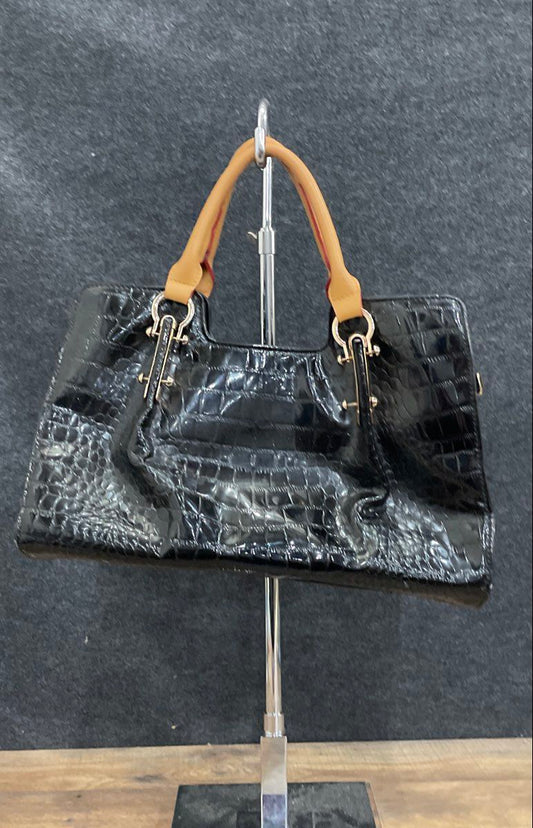 Orli Black Crocodile Embossed Satchel Bag Tan Top Handles Gold Hardware