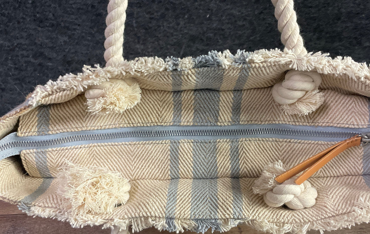 American Leather Co Tan Blue Herringbone Striped Tote Bag Rope Handle Fringe