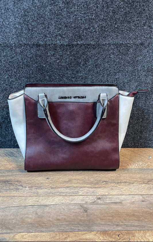 Adrienne Vittadini Burgundy Grey Cream Colorblock Satchel Handbag Large