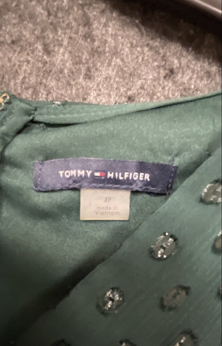 Tommy Hilfiger Women's Green Metallic Dot Puff Sleeve Wrap Dress Sz 4P