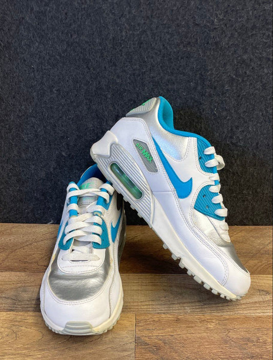 Nike Air Max 90 Leather GS White Metallic Silver Blue Sneaker Youth Size 6Y