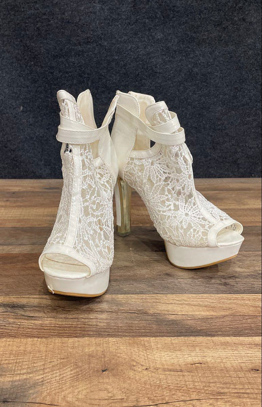 Lafer White Lace Open Toe Platform Ankle Strap High Heels Size 42