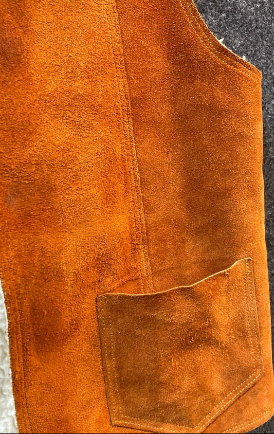 Vintage 70s Western Suede Leather Sherpa Lined Rancher Vest Sz S/M