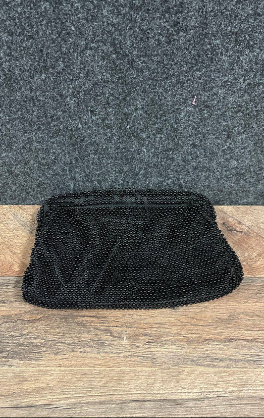Vintage 50s Black Glass Seed Bead Evening Bag Clutch Purse Gold Tone Hardware