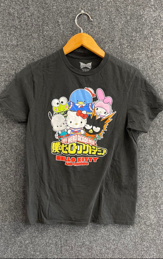 Sanrio My Hero Academia Men's T-Shirt Black Hello Kitty Graphic Anime Size M