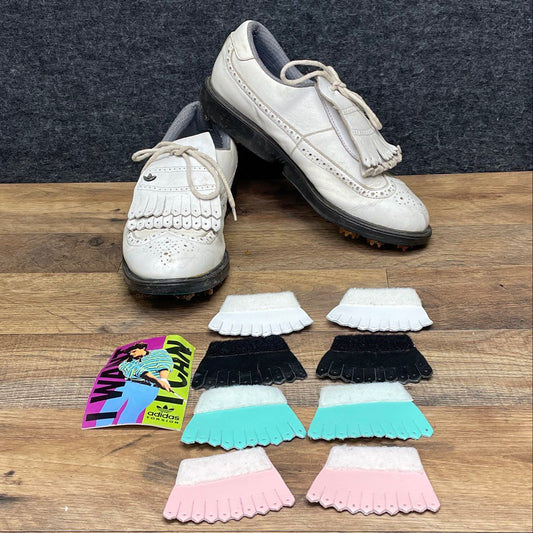 Vintage 90s Adidas Torsion White Leather Kiltie Wingtip Golf Shoes Men's Size 9