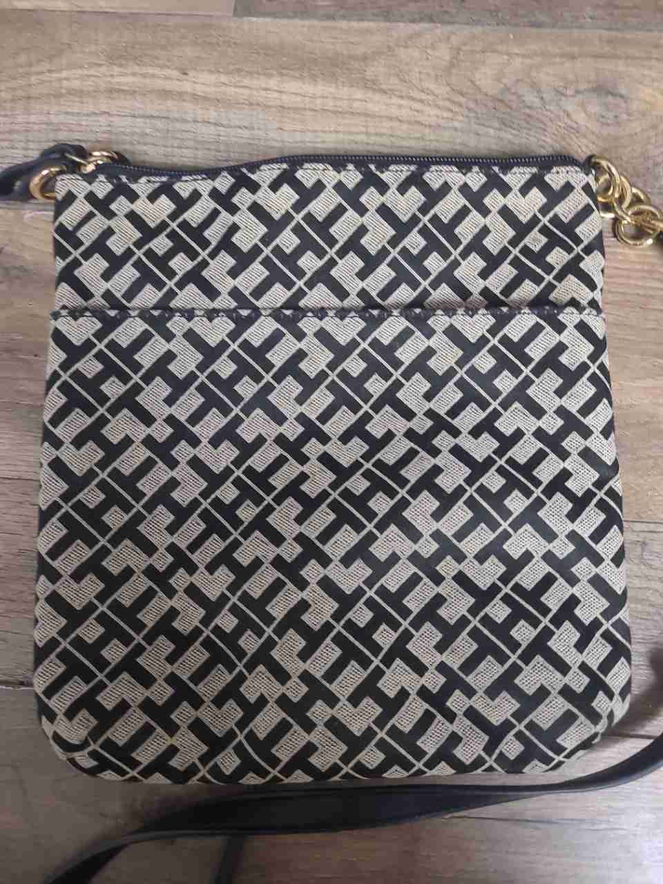 Tommy Hilfiger Navy Blue Cream Monogram Logo Crossbody Bag Gold Hardware