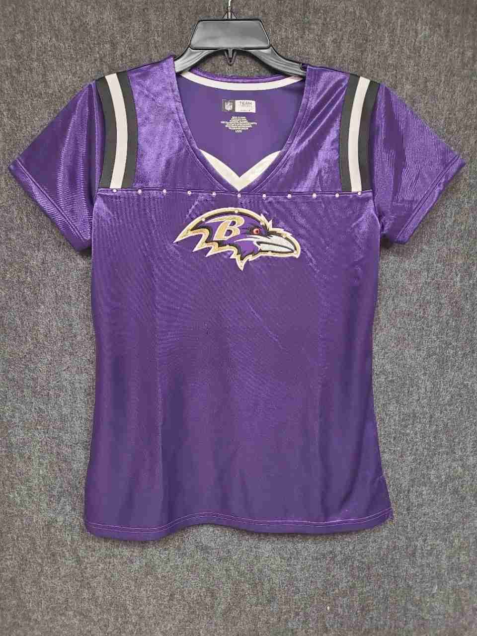 Baltimore Ravens NFL Team Apparel Women's V-Neck Jersey Top Rhinestones Sz L