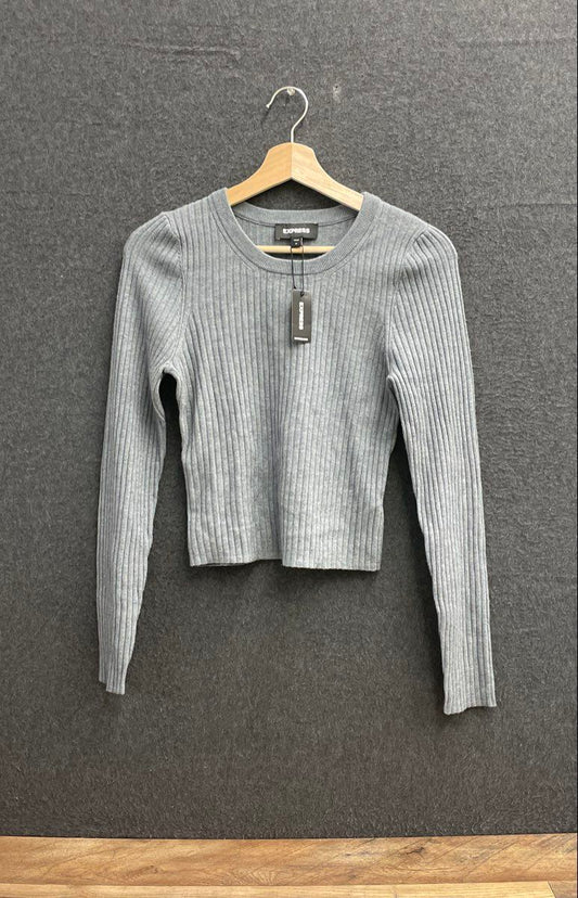 Express Women's Gray Ribbed Cropped Knit Sweater Crew Neck Sz M NWT