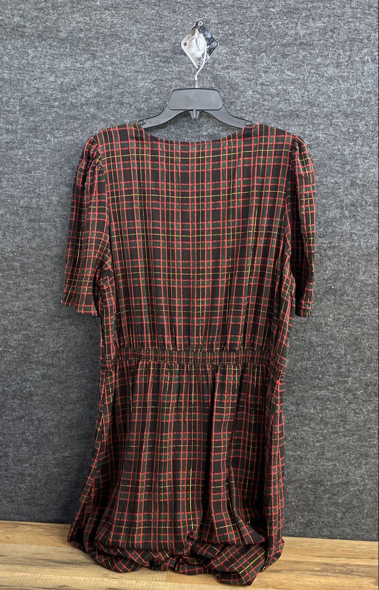 Loft Women's Plaid Metallic Puff Sleeve Keyhole Dress Red Gold Sz XXL NWT