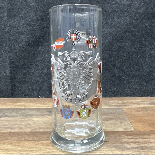 Vintage Austrian Glass Beer Stein Pewter Coat of Arms & Crests Mug 8"
