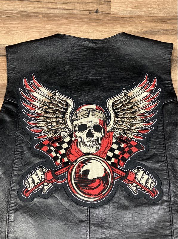 Vintage Men's Black Leather Motorcycle Biker Vest Skull Wings Flag Patch Sz S