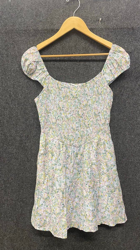 Lily Rose Women's Blue Floral Smocked Bodice Puff Sleeve Mini Dress Size M