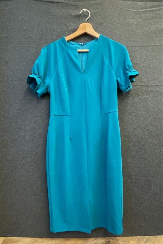 Maggy London Petite Women's Teal Short Puff Sleeve V-Neck Sheath Dress Sz 6P