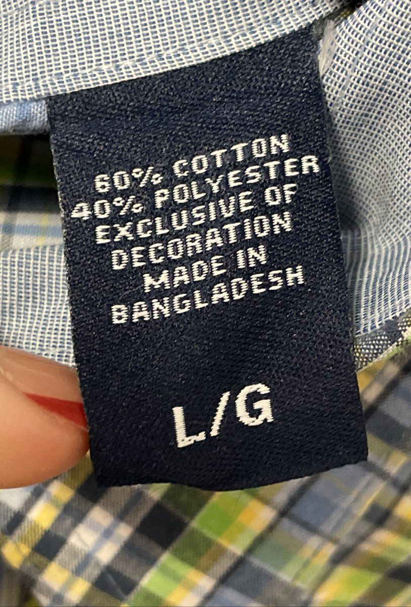 Chaps Men's Button Up Shirt Blue Green Plaid Short Sleeve Easy Care Size L