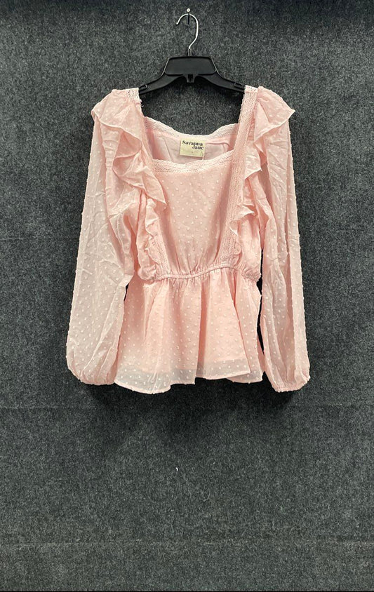 Savanna Jane Women's Pink Swiss Dot Ruffle Peplum Blouse Lace Trim Boho Sz L