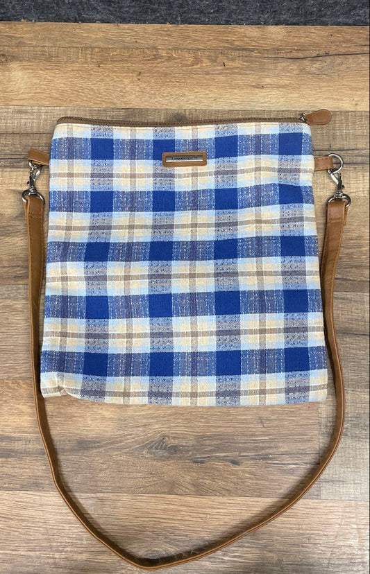 Longaberger Blue White Plaid Checker Canvas Crossbody Bag Silver Hardware