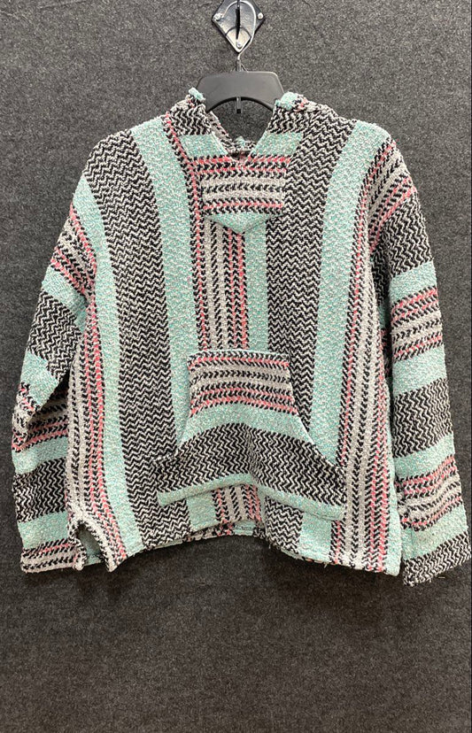 Baja Joe Aqua Black Pink Striped Woven Baja Hoodie Drug Rug Size M