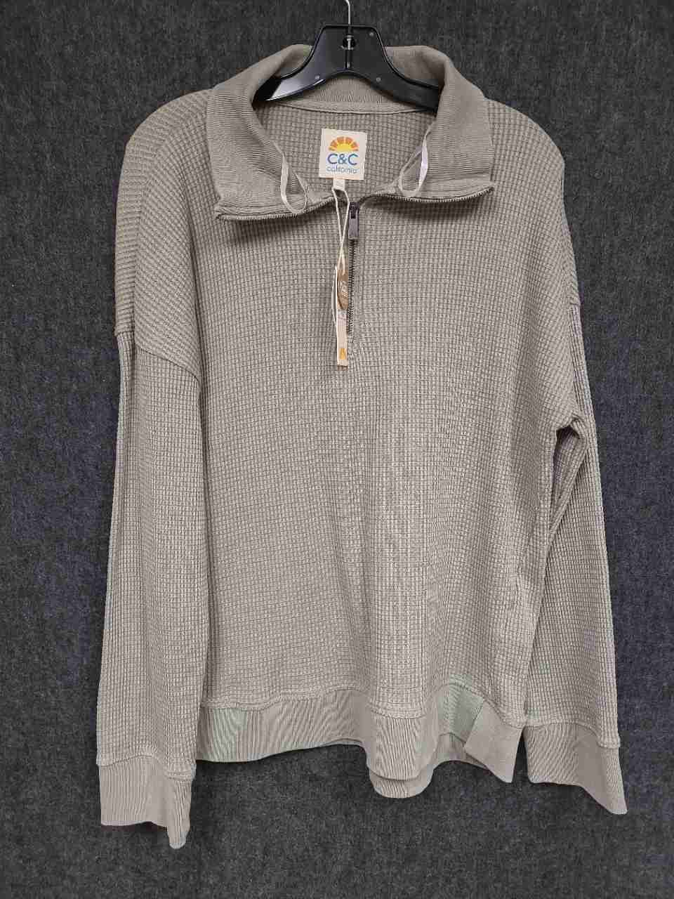 C&C California Women's Gray Waffle Knit Quarter Zip Pullover Shirt NWT Sz XL