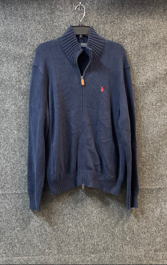 Polo Ralph Lauren Men's Navy Blue Cotton Full Zip Mock Neck Sweater Jacket Sz L