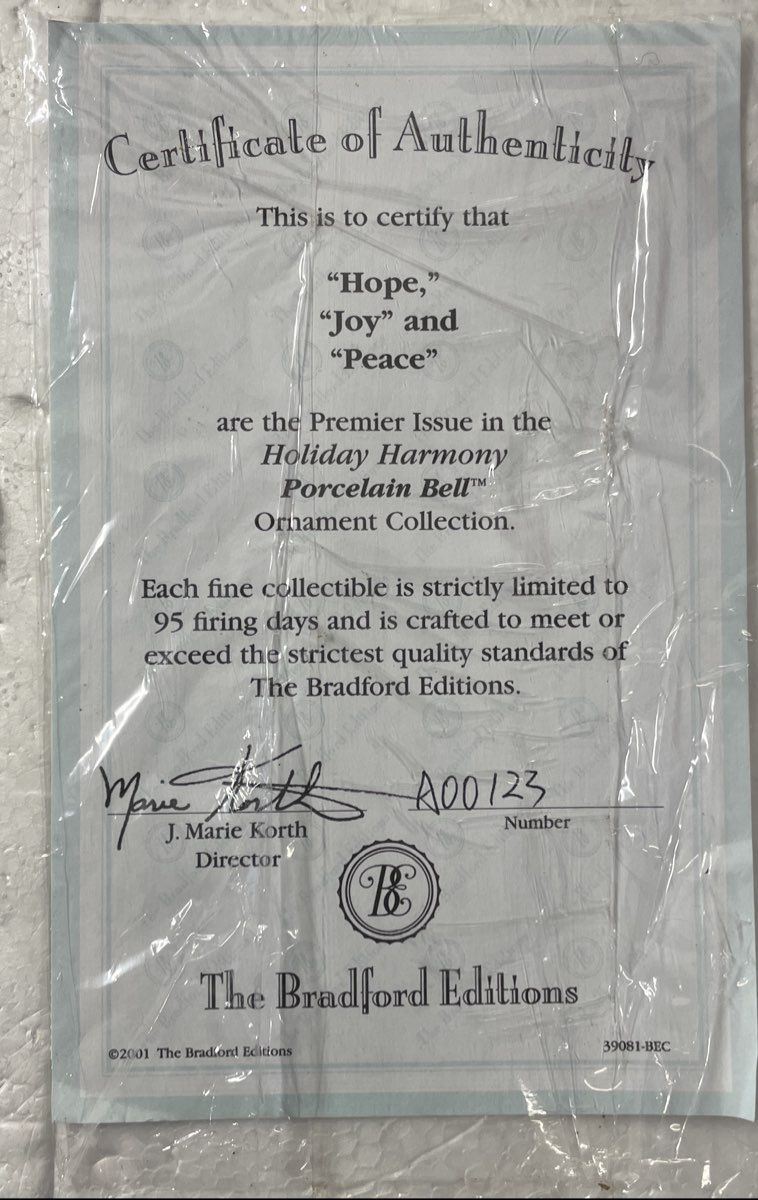 2001 Bradford Editions Holiday Harmony Bell Ornaments Hope Joy Peace Lot of 3