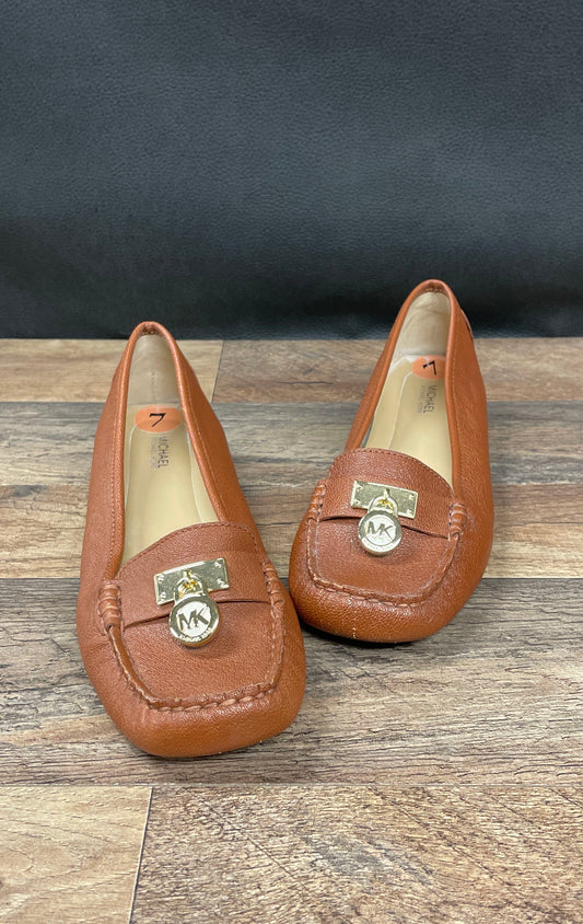 Michael Kors Fulton Brown Pebbled Leather Moc Loafers Gold Logo Womens Size 7