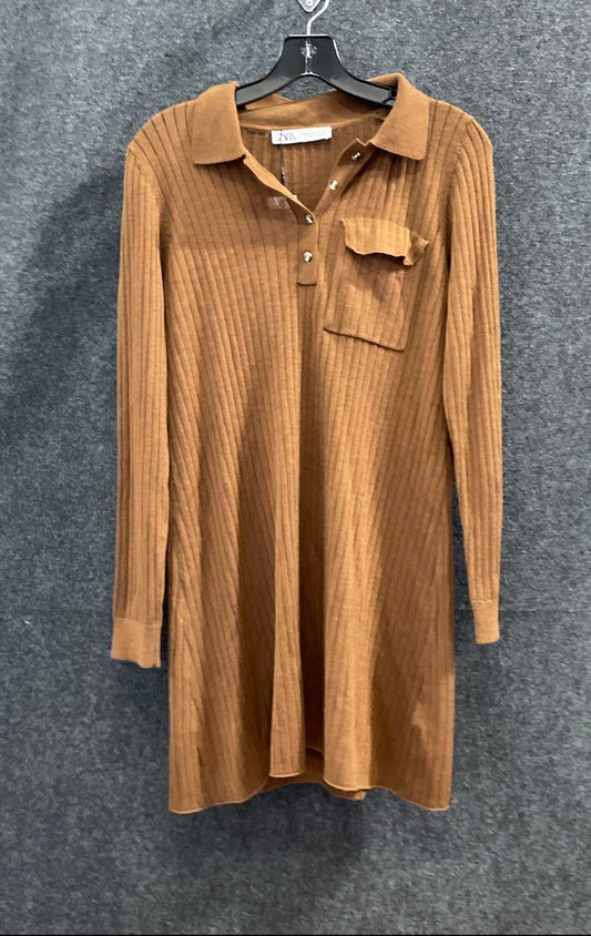Zara Women's Brown Ribbed Knit Long Sleeve Polo Dress Size M NWT