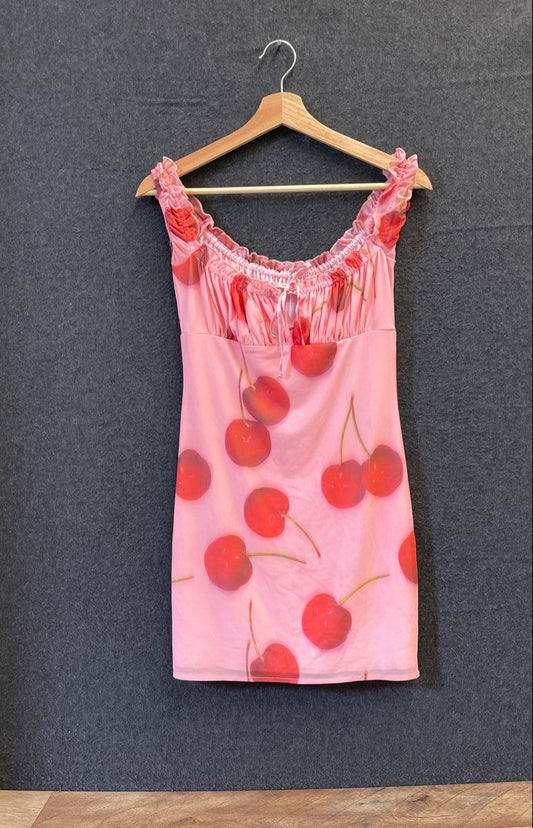 Kimchi Blue Women's Pink Cherry Print Ruched Mini Dress Mesh Overlay Size S
