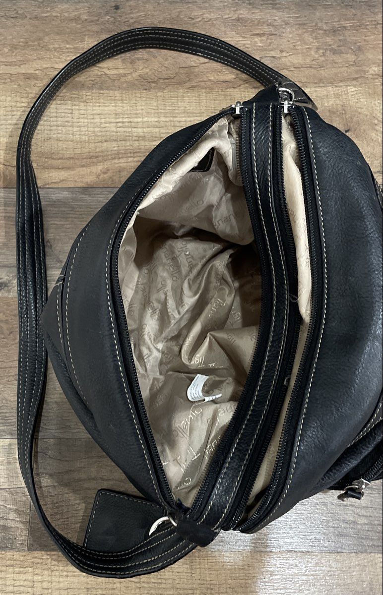 Tignanello Black Leather Multi Pocket Crossbody Bag Silver Hardware
