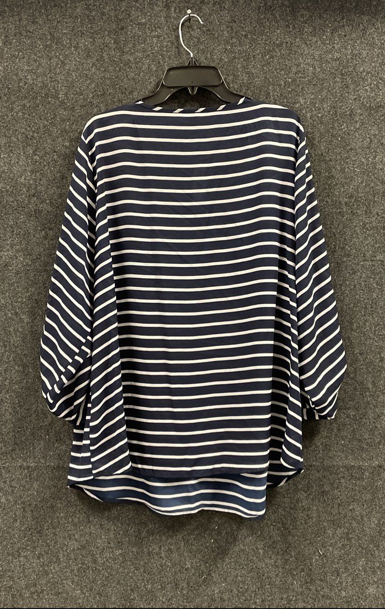 Roz & Ali Women's NWT Navy White Stripe Tunic Blouse Roll Tab Sleeve Zip Sz 3X