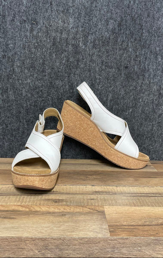 Clarks Aisley Tulip White Leather Cork Wedge Platform Sandals Women's Size 11