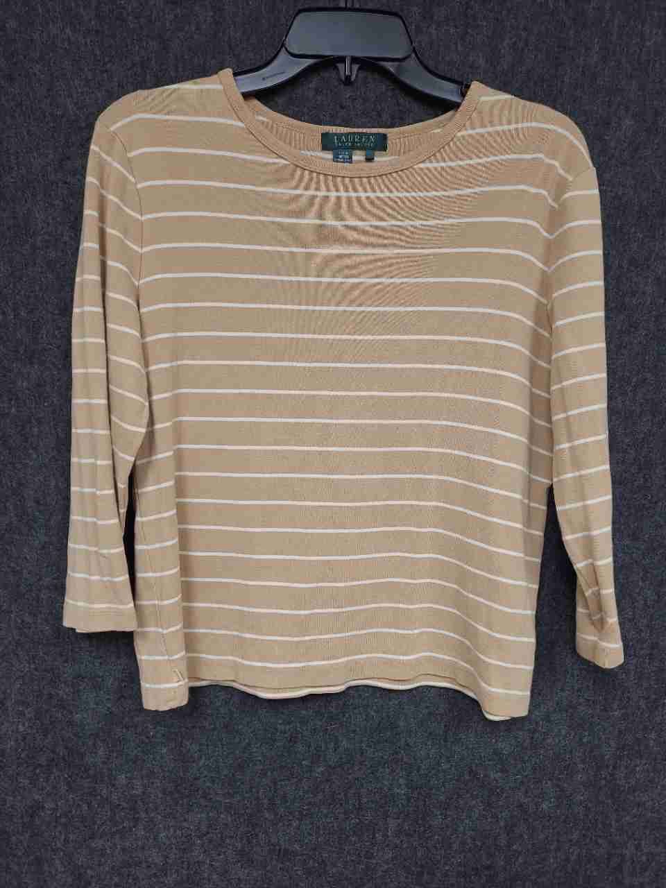 Lauren Ralph Lauren Women's Tan White Striped 3/4 Sleeve Top Sz L