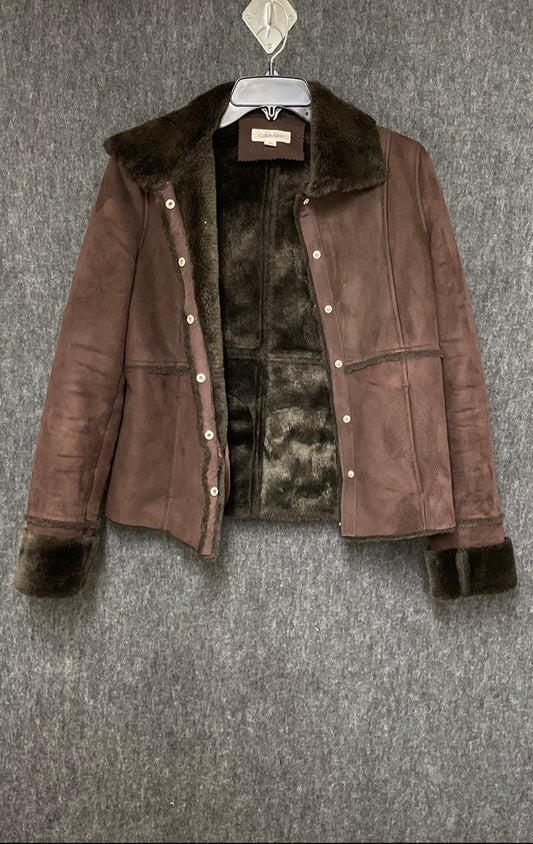 Calvin Klein Women's Brown Faux Suede Fur Lined Snap Front Jacket Sz XS
