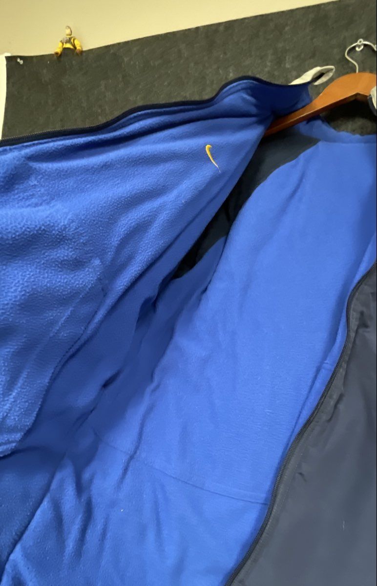 Nike Men's Hooded Jacket Navy Tan Blue Colorblock Fleece Lined Y2K